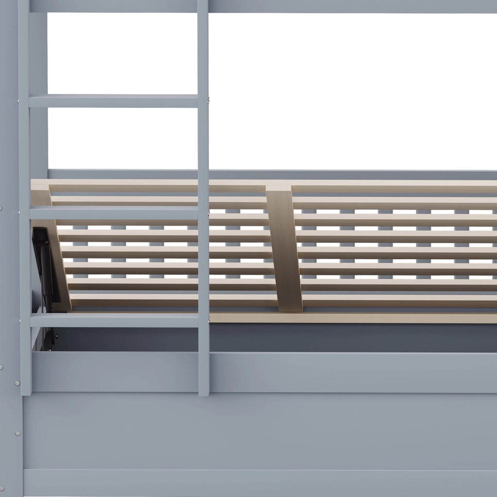 Letto a castello per bambini 90 × 200 cm con vano contenitore idraulico in legno grigio e scala