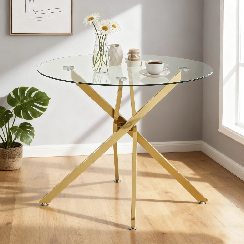 Tavolo da pranzo rotondo in vetro temperato e metallo oro, 2-4 posti, con base a croce, 80 × 80 × 76 cm