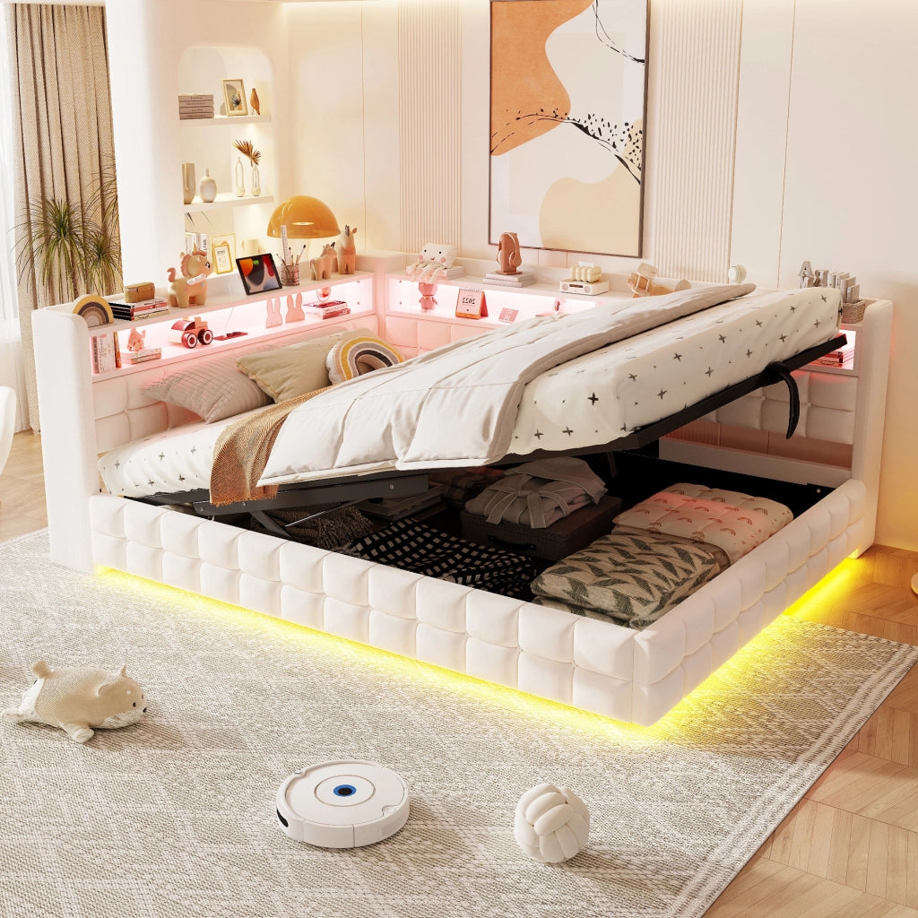 Letto imbottito multifunzione 140 × 200 cm in velluto beige con contenitore idraulico LED e prese di ricarica