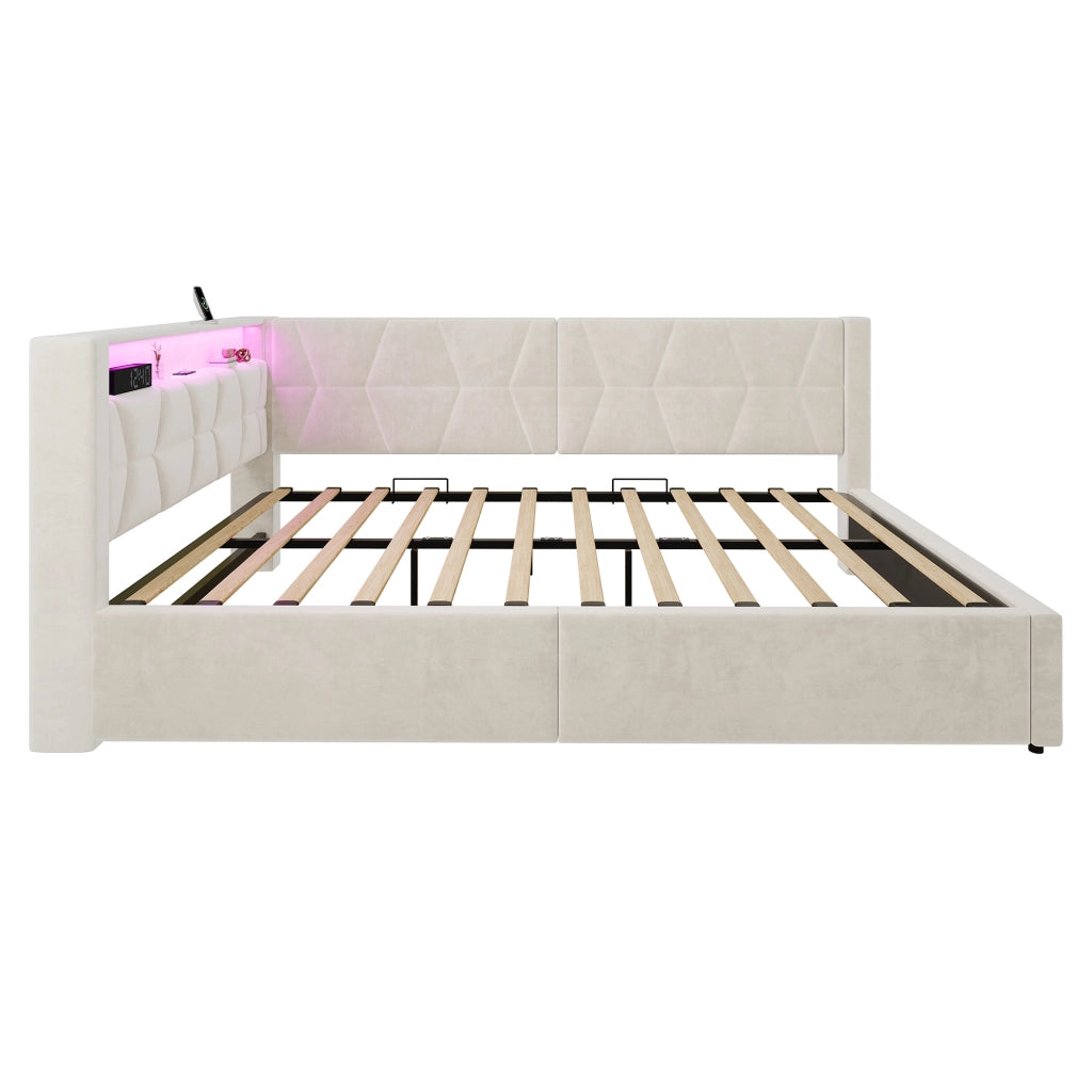 Letto imbottito 140x200 cm con vano contenitore idraulico; LED; USB e Type-C; metallo e velluto beige
