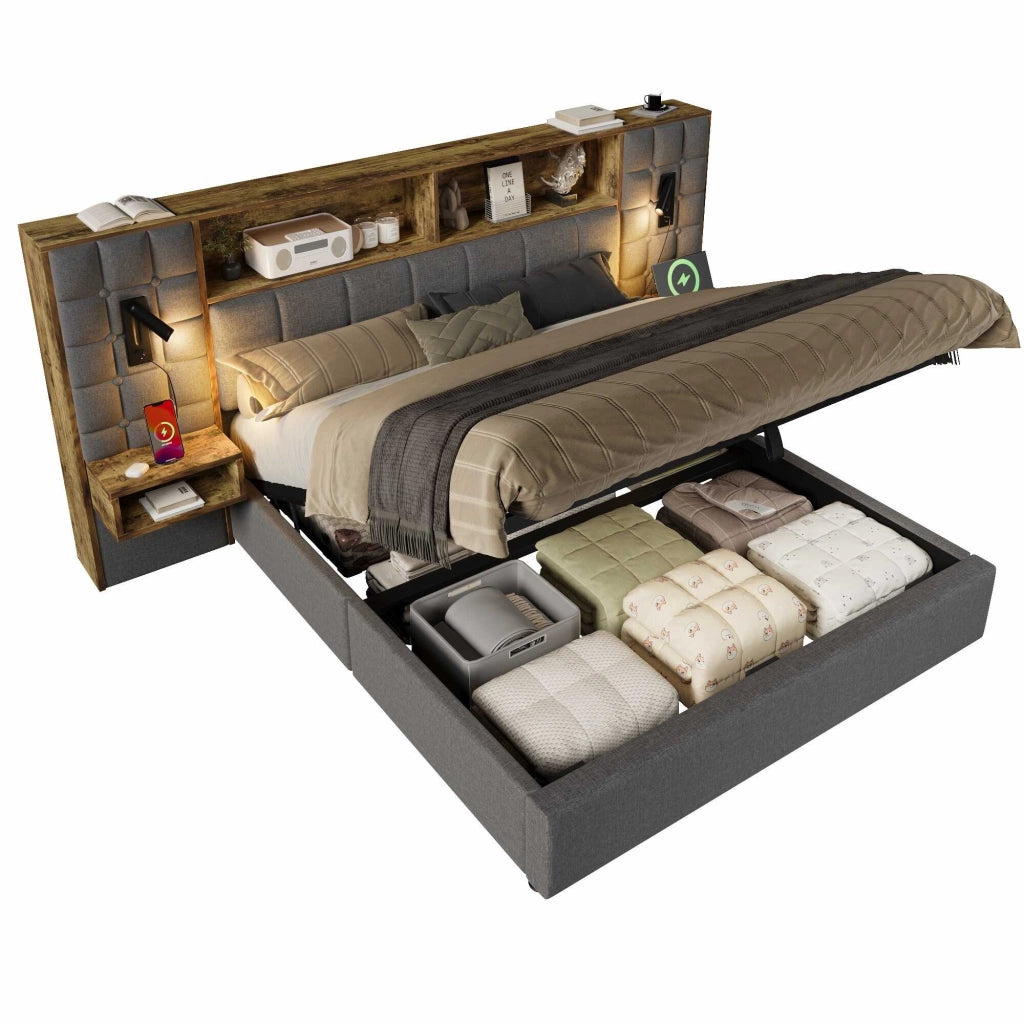 Letto contenitore 180x200 cm grigio con LED, 2 luci da lettura, comodini e porte USB-C, senza materasso