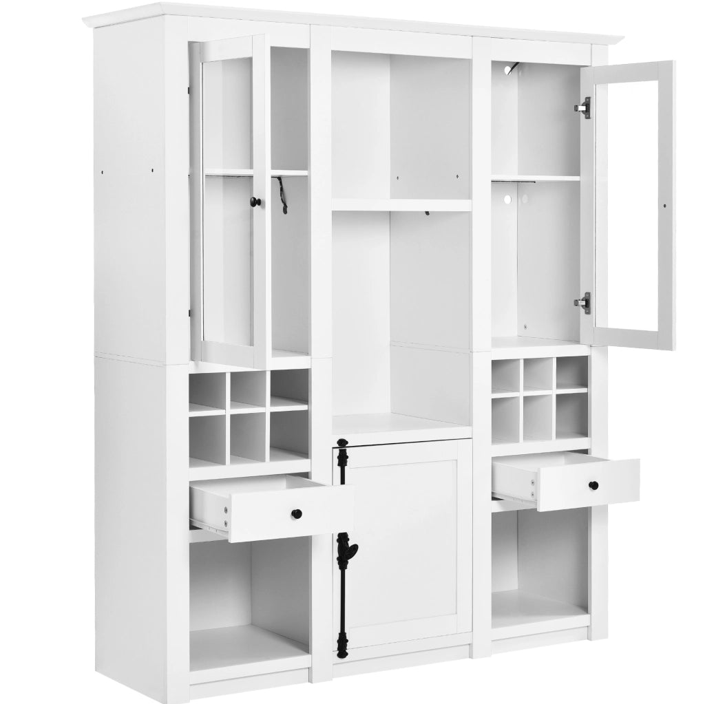 Vetrina ULEVR 143x45,5x170 cm con LED a 16 colori, 2 ante trasparenti, cassetti e vani portaoggetti, bianca