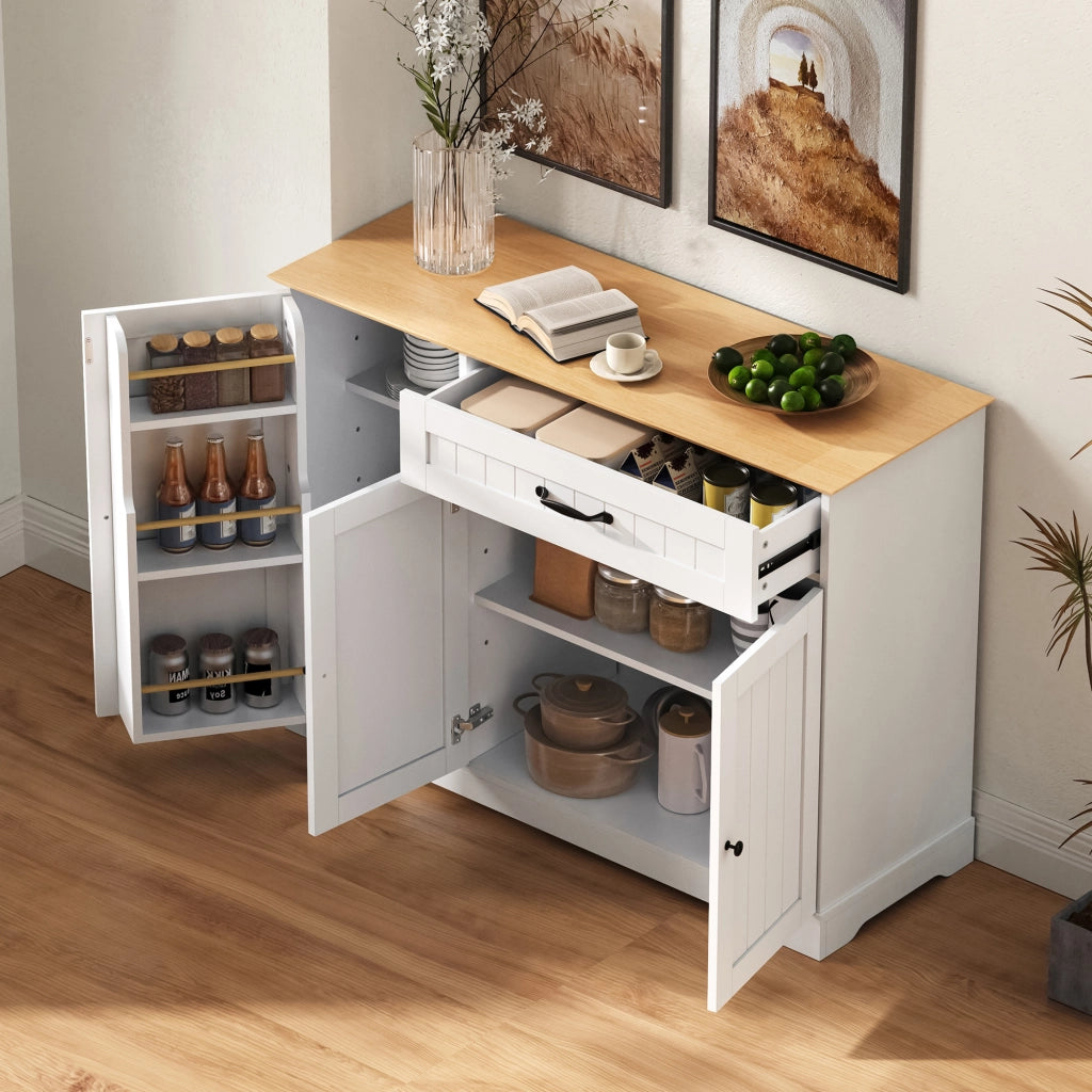Madia con 3 ante e cassetto; ripiani regolabili in MDF bianco naturale per ingresso soggiorno e sala da pranzo