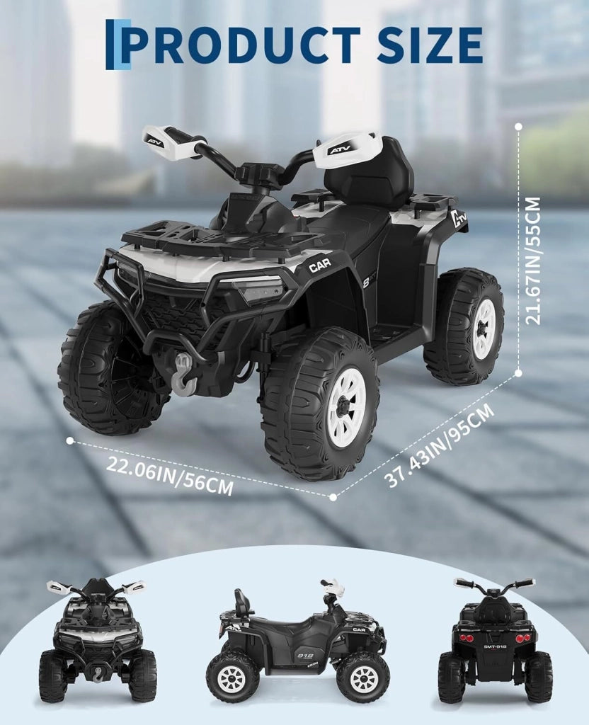 Quad Elettrico per Bambini 12V ATV con Musica; Clacson e Fari LED; 95x55x56 cm; per 3-8 Anni - Bianco