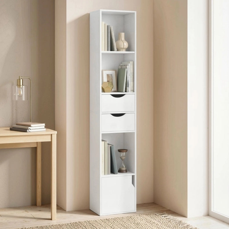 Libreria stretta bianca con 2 cassetti e 3 ripiani aperti, 30x24x158 cm, per ufficio e camera da letto