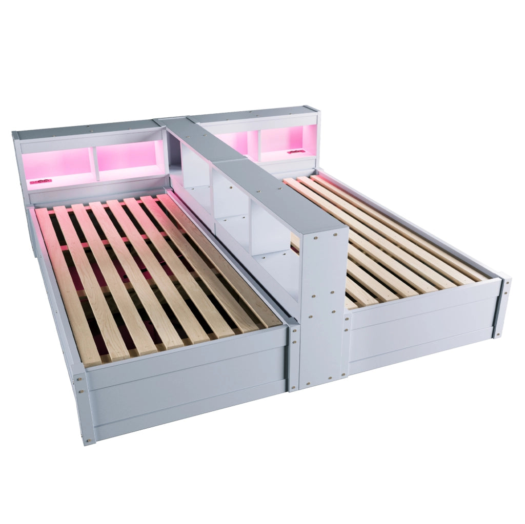 Letto Multifunzionale in Legno Massello 90/180 × 200 cm con Luci LED, Meccanismo Idraulico e Doppia Presa Euro, Grigio