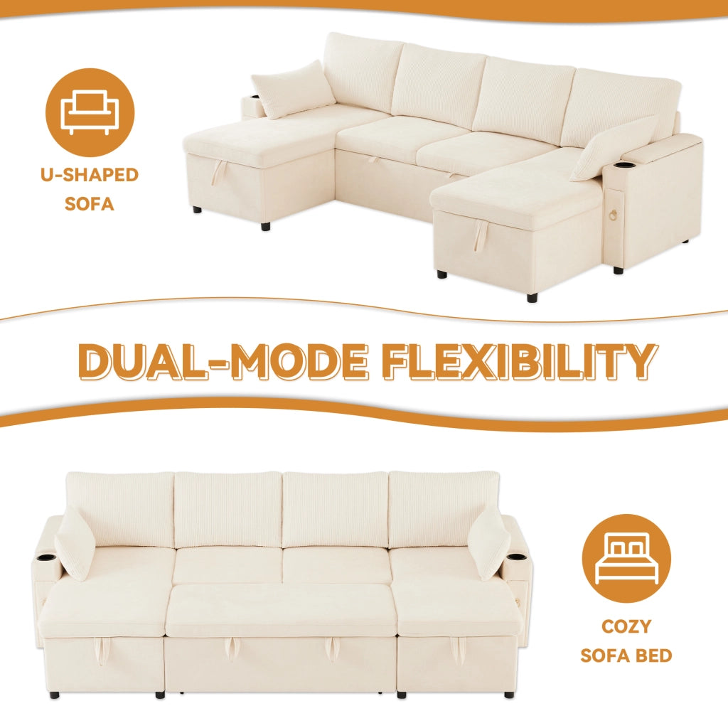 Divano ad angolo convertibile 4 sedili 272 x 131 x 84 cm; U - shape; dormire; tronco; portabicchieri; cuscini; ciniglia; beige