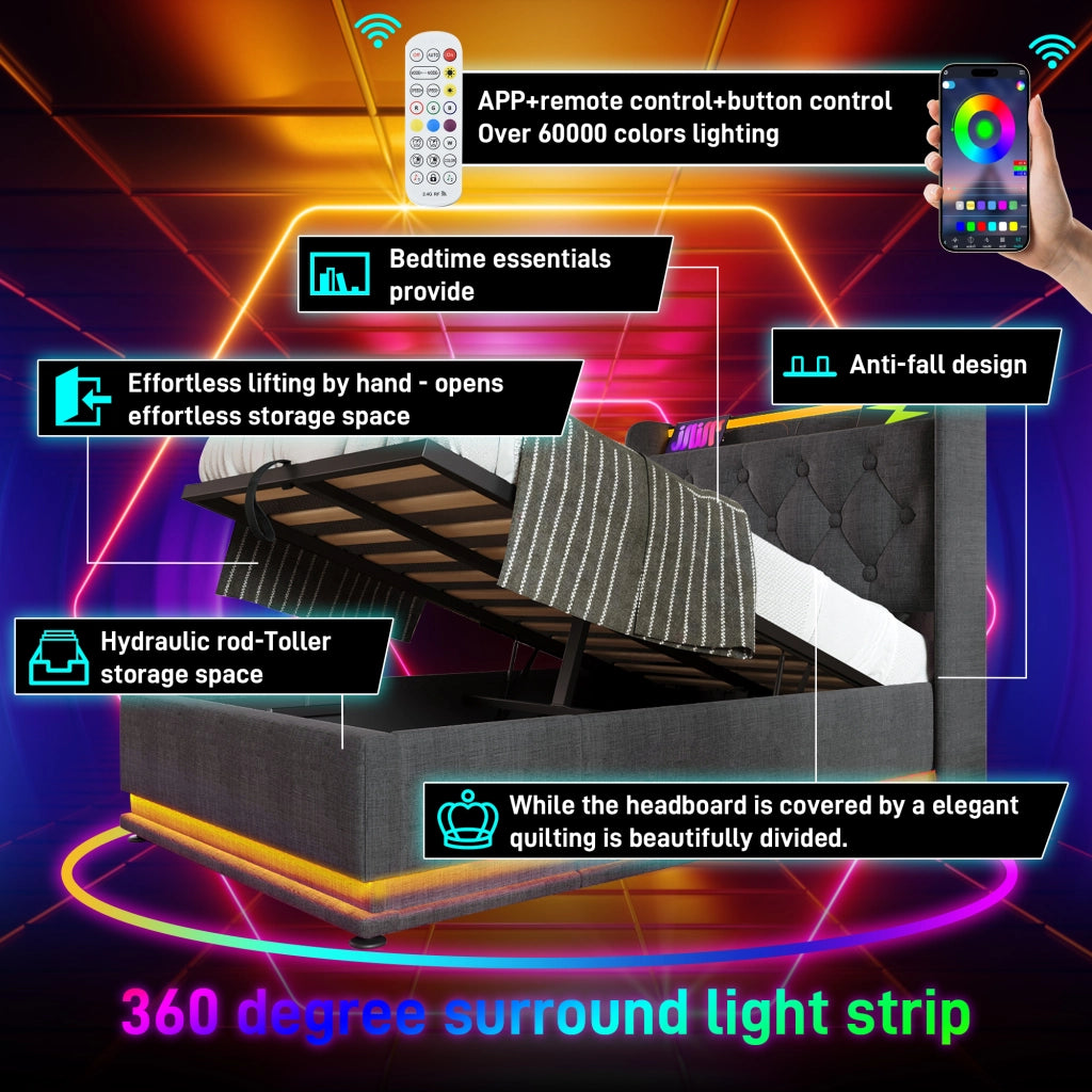 Letto contenitore 160 × 200 cm con LED a 360 gradi USB Type C testiera imbottita in lino grigio