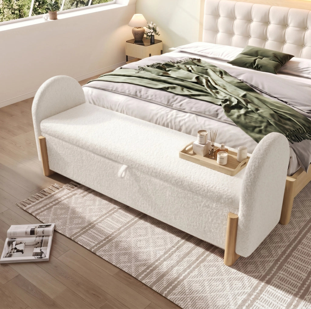 Panca con contenitore idraulico 106 cm bianca in tessuto bouclé chenille con gambe a U in legno di gomma