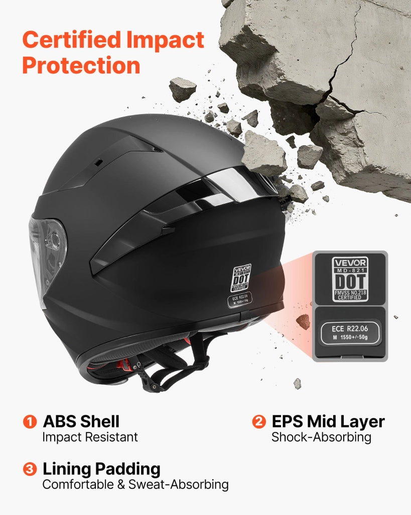 Casco Integrale da Moto MD-821 Taglia M, Calotta in ABS e Strato EPS, Visiera Trasparente, Omologato ECE 22.06 DOT, con Tasche Bluetooth, Nero
