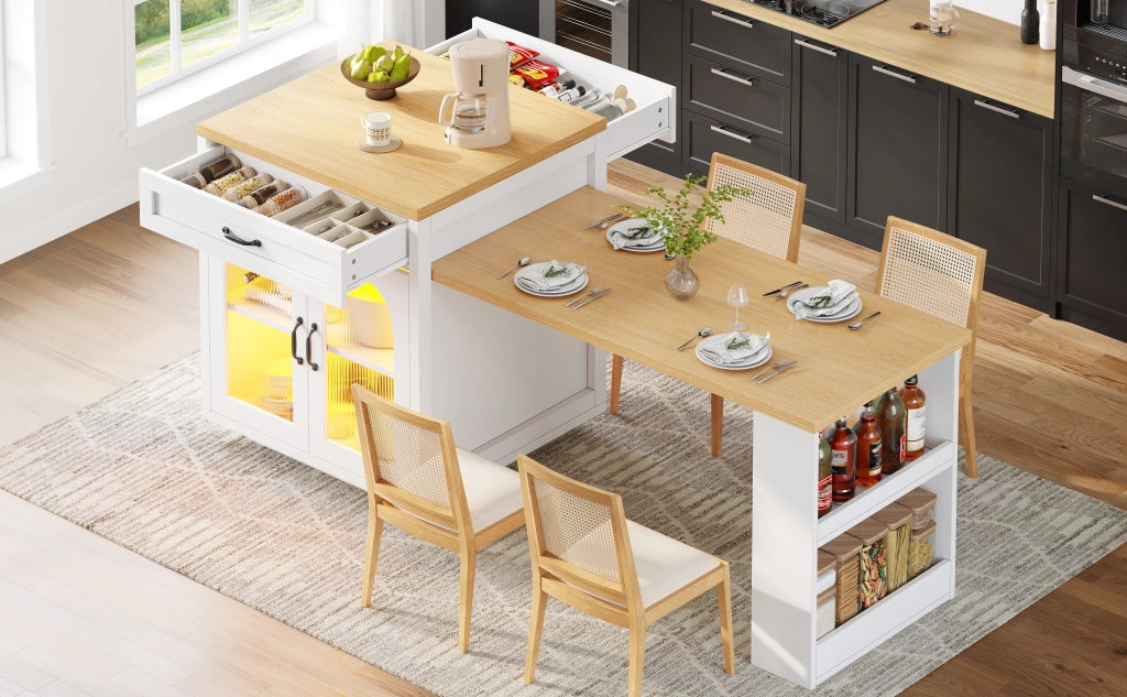 Mobile base da cucina con piano allungabile LED RGB 2 cassetti ante in vetro MDF bianco