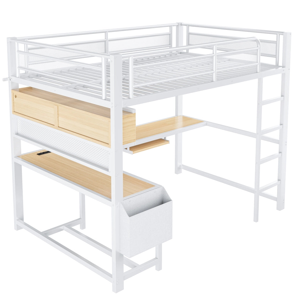 Letto a soppalco 140x200 con scrivania; LED 7 colori; prese e USB; bianco