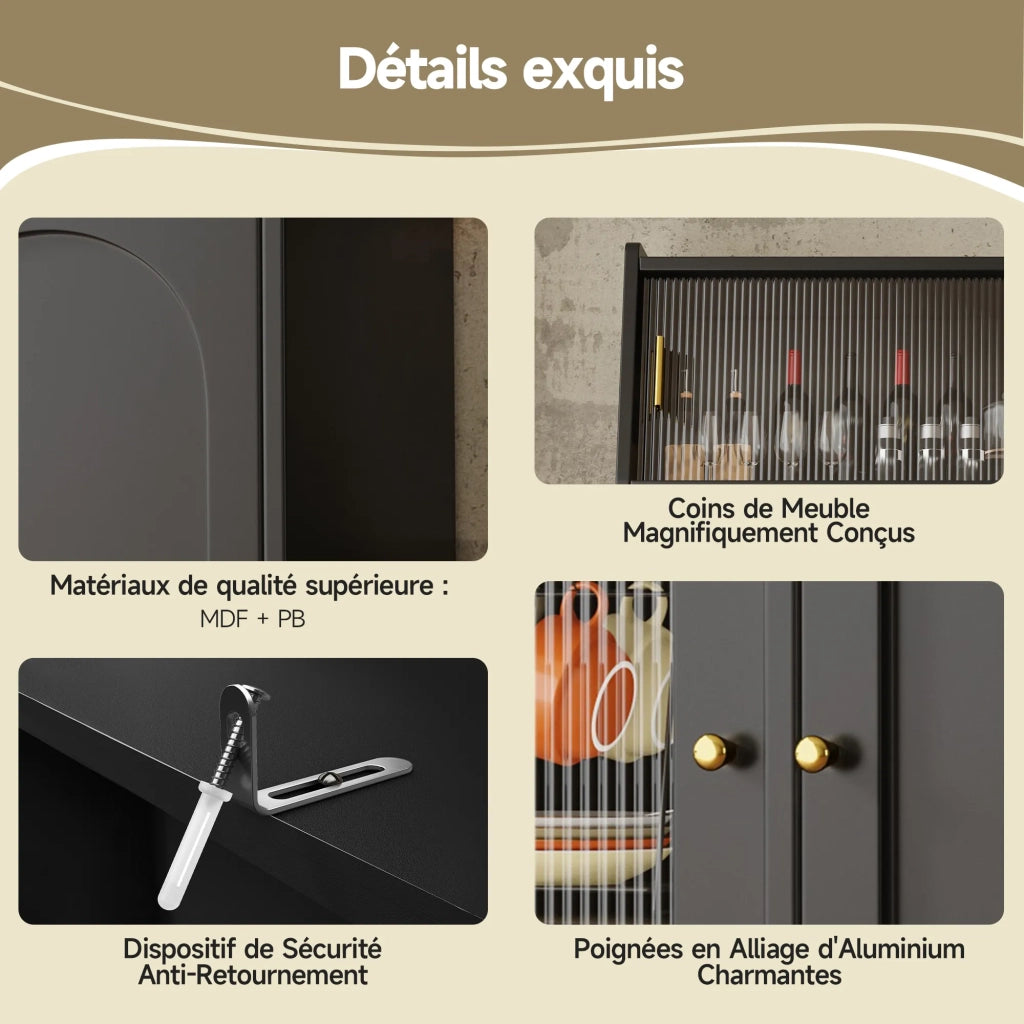 Credenza alta da cucina e sala da pranzo nera con ante a vetrina, 2 cassetti, ripiani regolabili e illuminazione LED a colori variabili