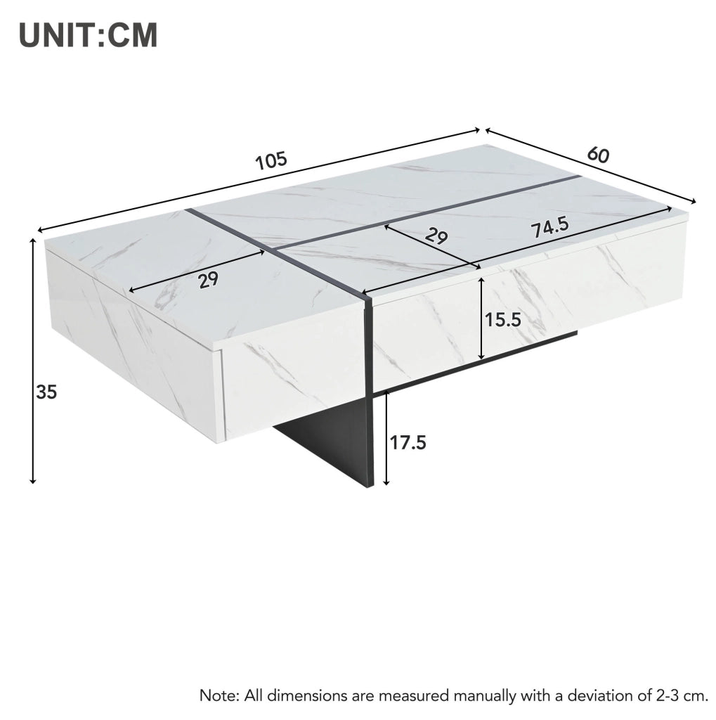 Tavolino da caffè moderno bianco 105 x 60 x 35 cm con LED; 3 cassetti e piano effetto marmo