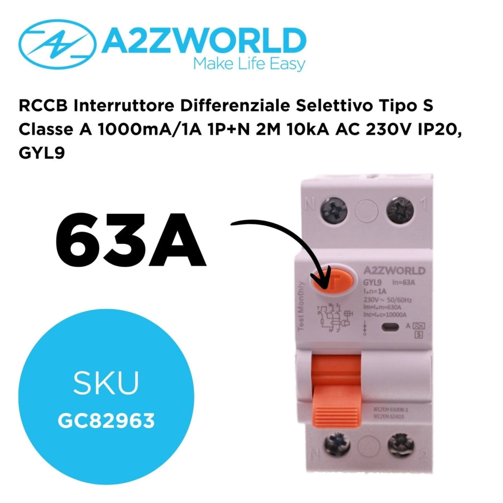 RCCB Interruttore Differenziale Selettivo Tipo S Classe A 1000mA/1A 1P+N 2M 10kA AC 230V IP20, GYL9, Corrente Disponibili 63A 100A (63A)