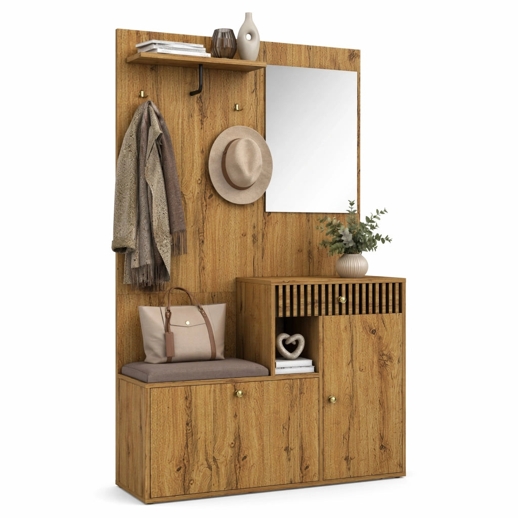 Mobile ingresso con specchio, seduta e appendiabiti MDF
