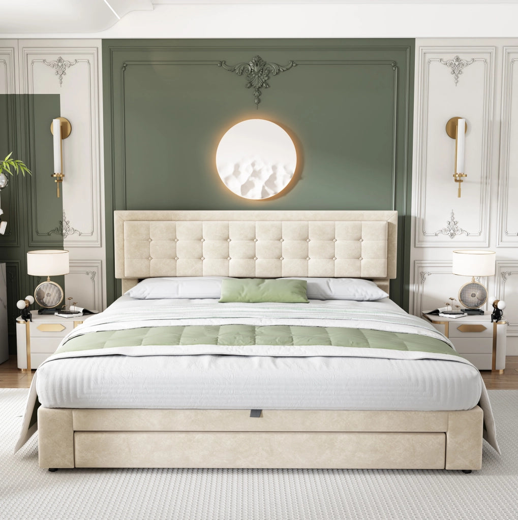 Letto matrimoniale in velluto beige 180 x 200 cm