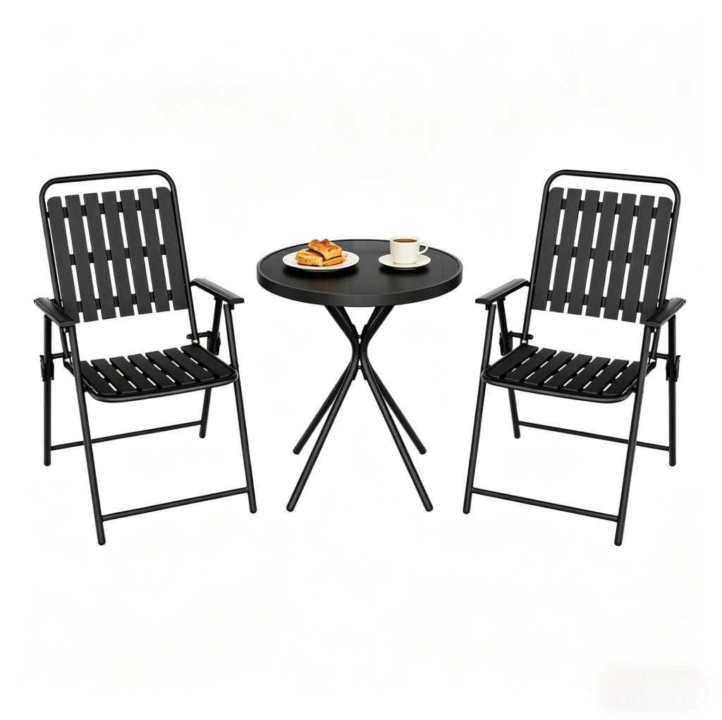 Set Mobili da Giardino 3 Pezzi in Metallo Nero con Tavolo in Vetro Temperato e 2 Sedie Pieghevoli
