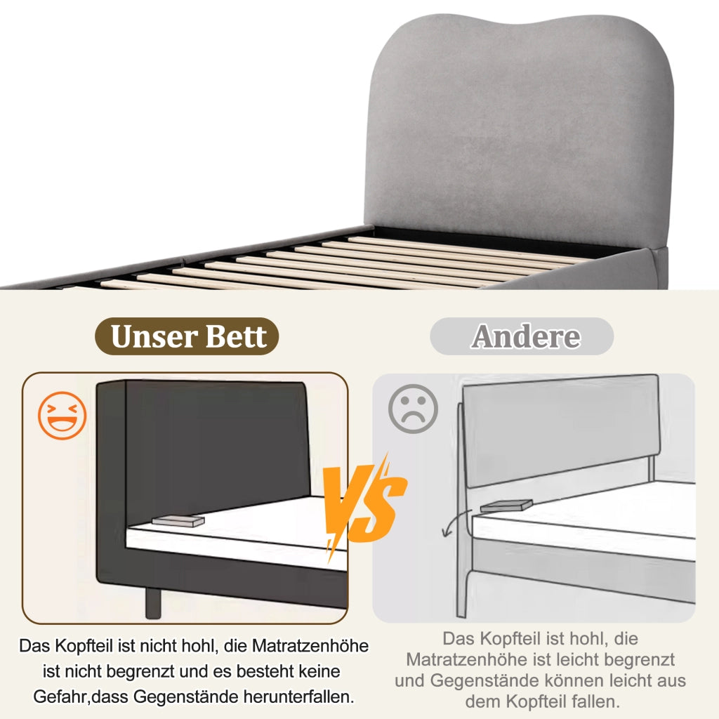 DESMIU Letto Bambino 90 × 200 cm con contenitore idraulico, testiera imbottita e senza materasso, in lino, grigio
