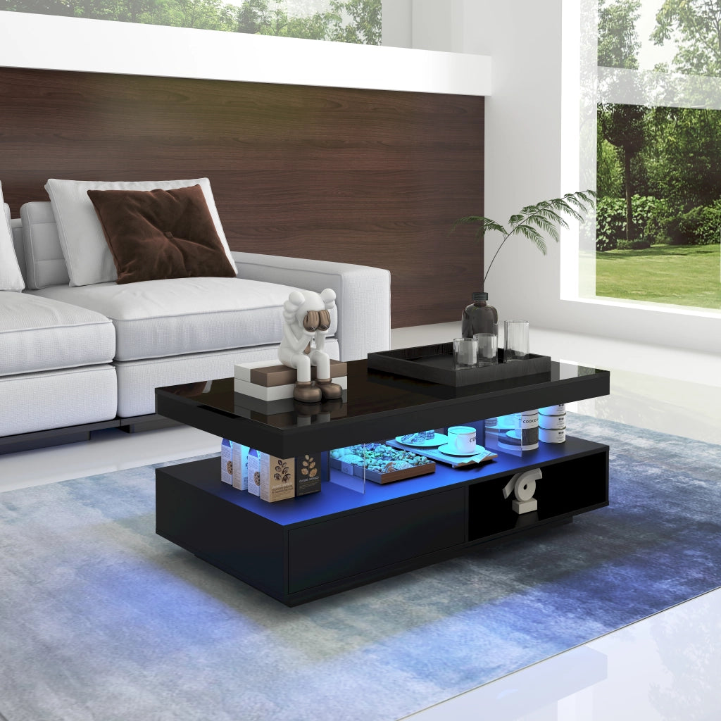 Tavolino da salotto 95x50x42;5 cm con LED Bluetooth; 2 cassetti e 2 vani; nero in truciolare