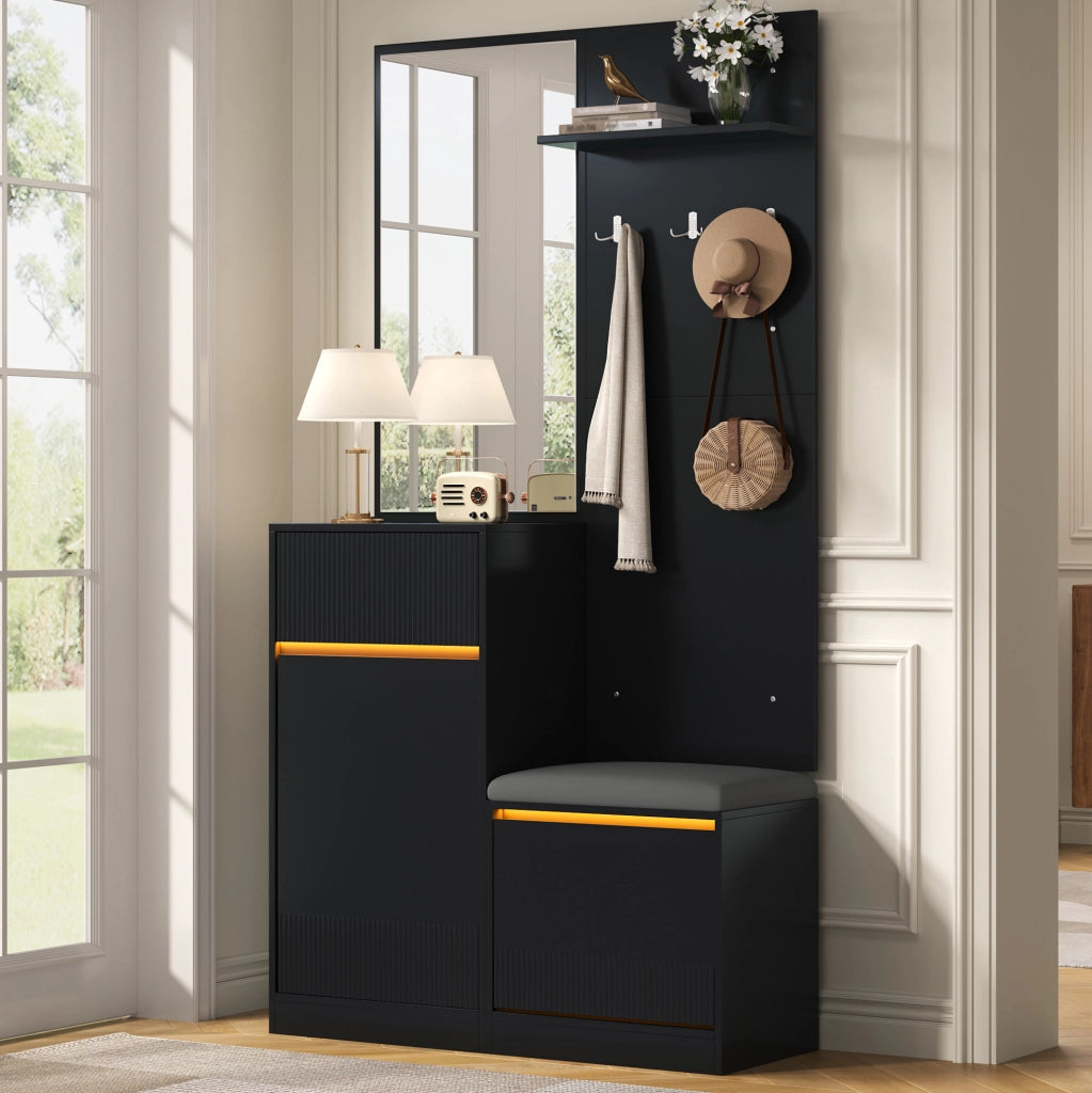 Set guardaroba da ingresso con scarpiera, panca e specchio LED nero HAVRYA