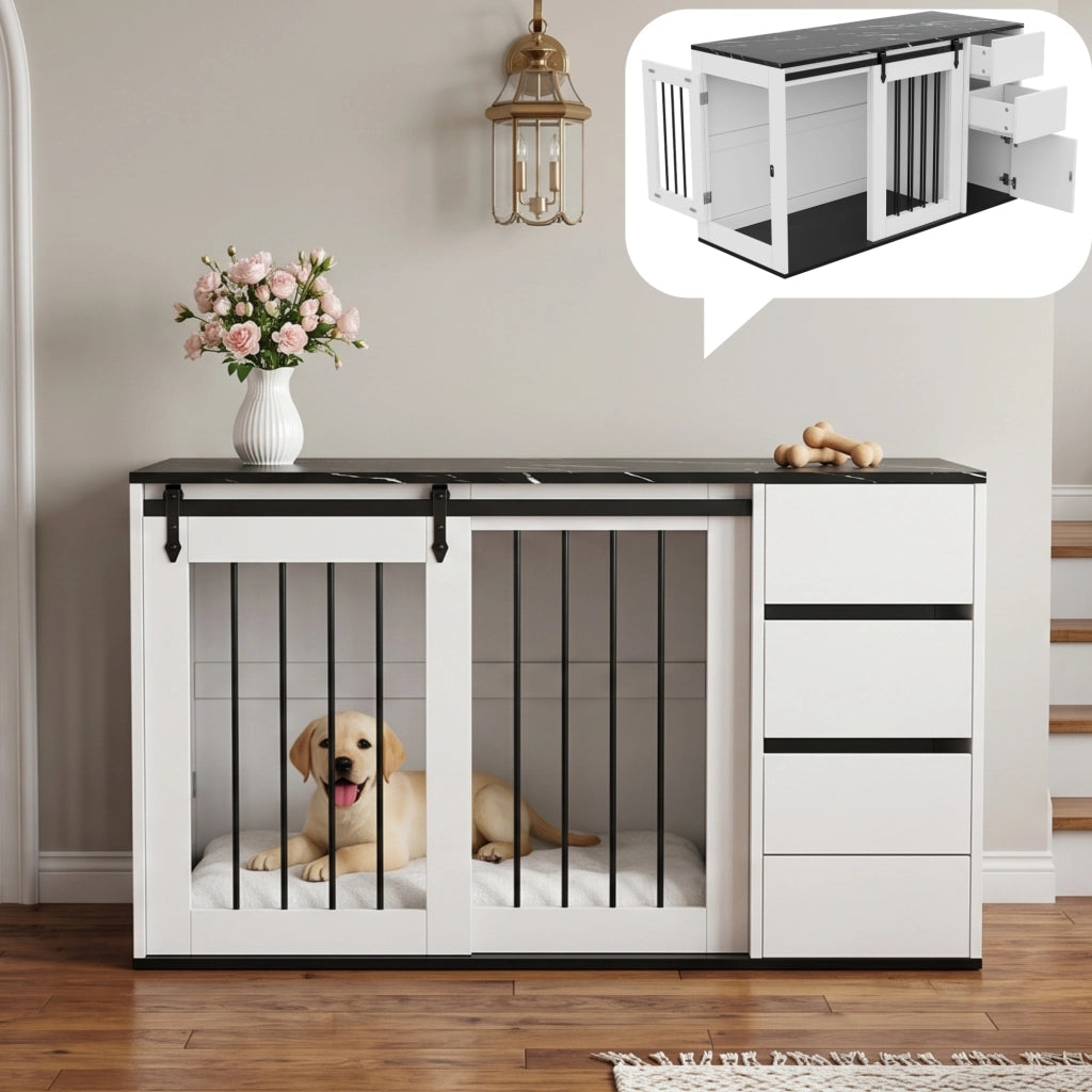 Gabbia per cani 2 in 1 con contenitore e cassetti; porte scorrevoli; struttura in MDF e metallo bianco