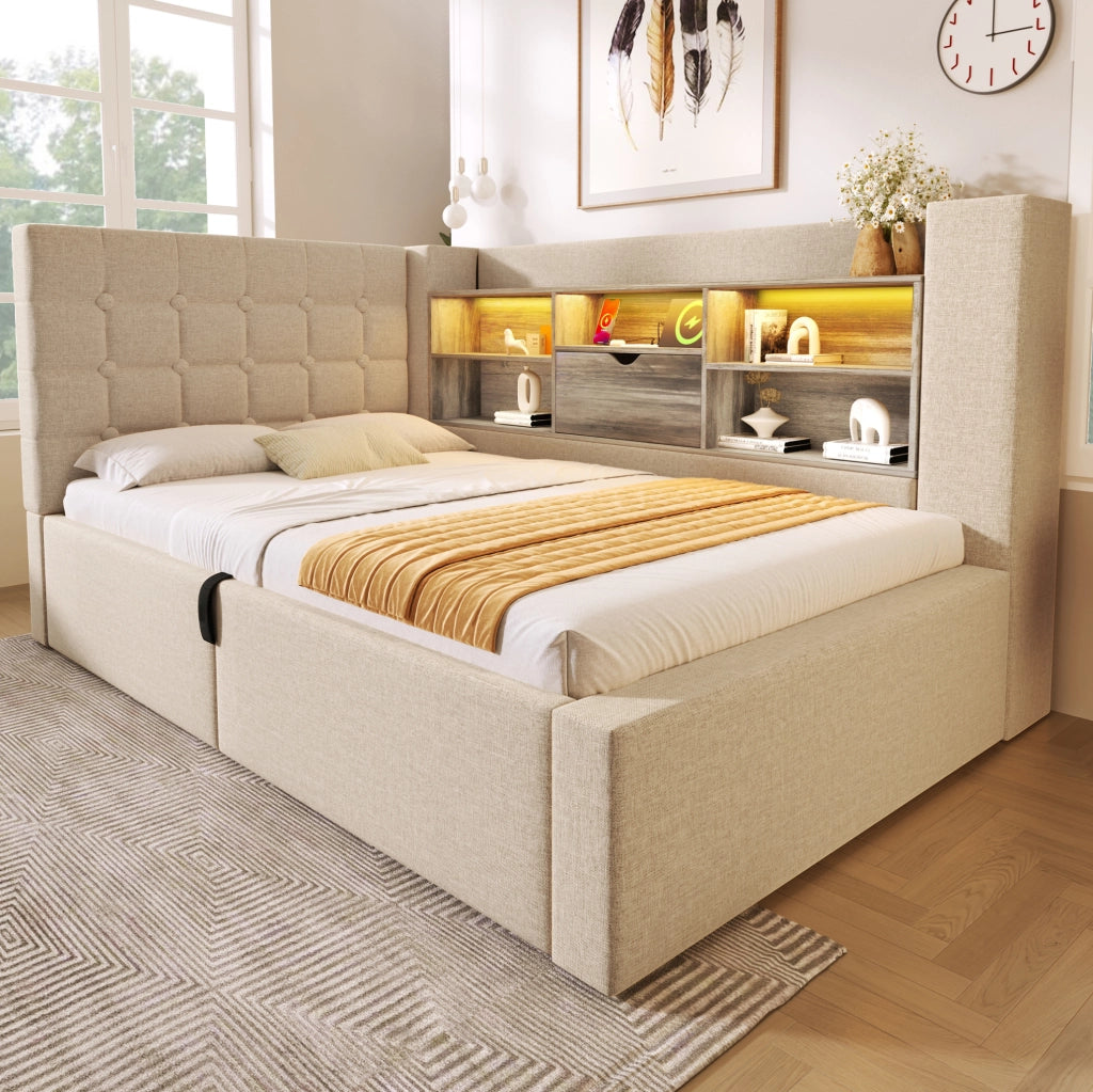Letto singolo imbottito 90x200 cm con contenitore idraulico, testiera angolare reversibile, illuminazione LED e materasso incluso, tessuto in lino beige
