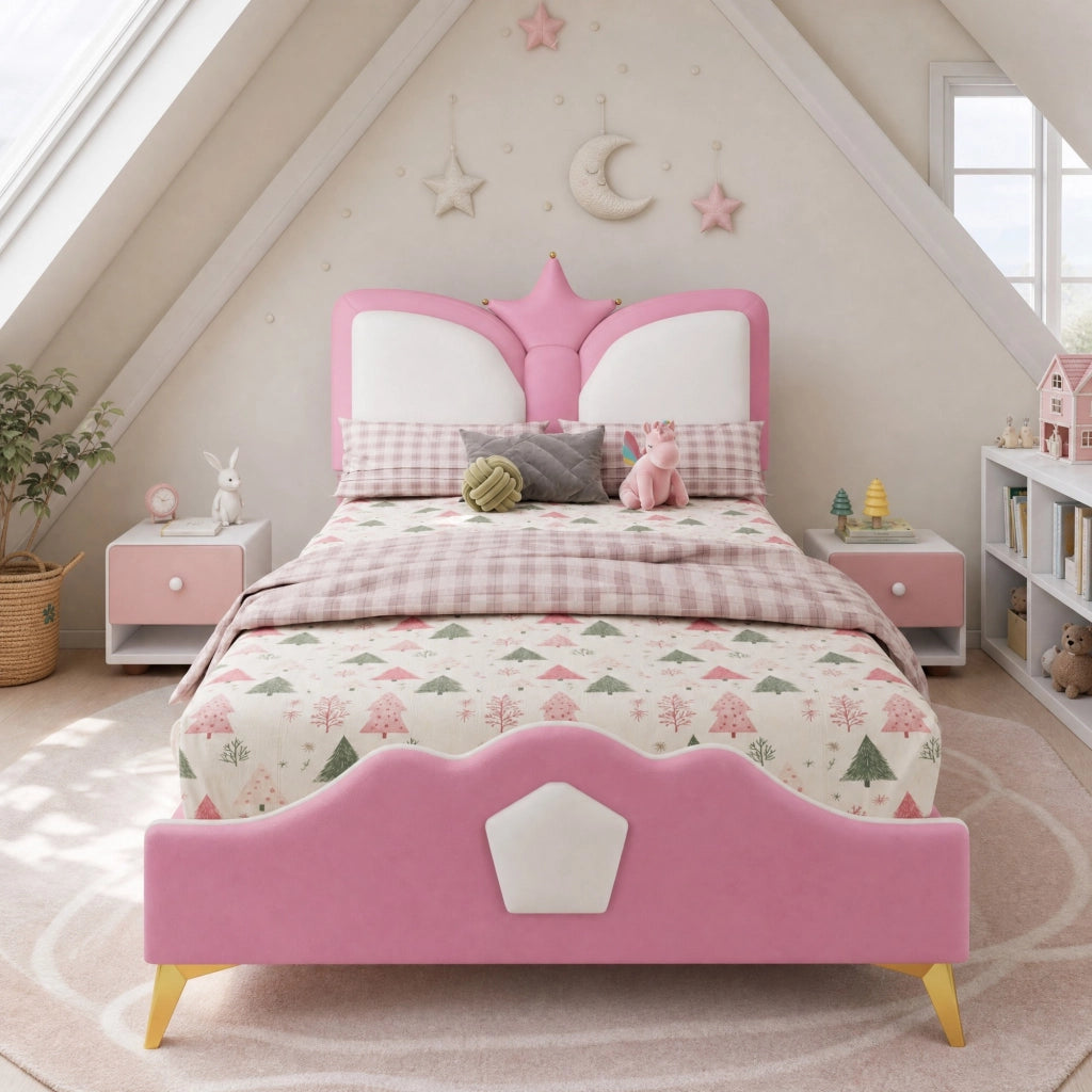 Letto singolo 90 × 200 cm con testiera a corona morbida in PU rosa e bianco