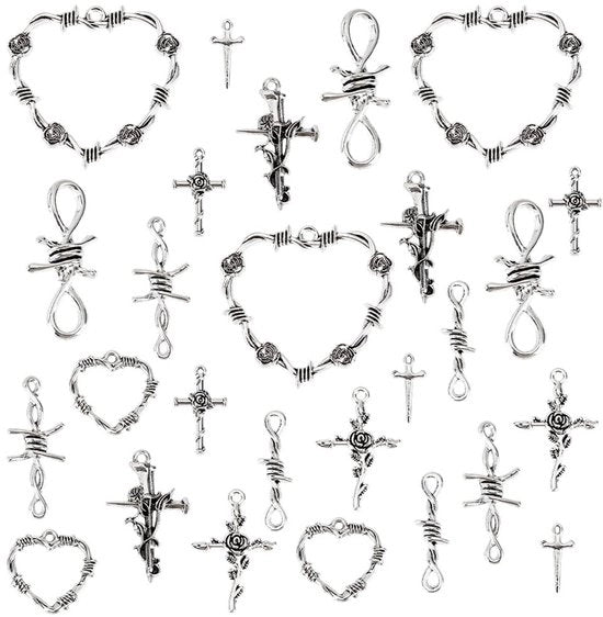 Collezione di accessori per gioielli - 54 pezzi - Hanger a forma di croce e cuore - Collegamenti per catenine - Creare gioielli - Simulazione di argento antico - Varie dimensioni - Accessori per gioiellieri