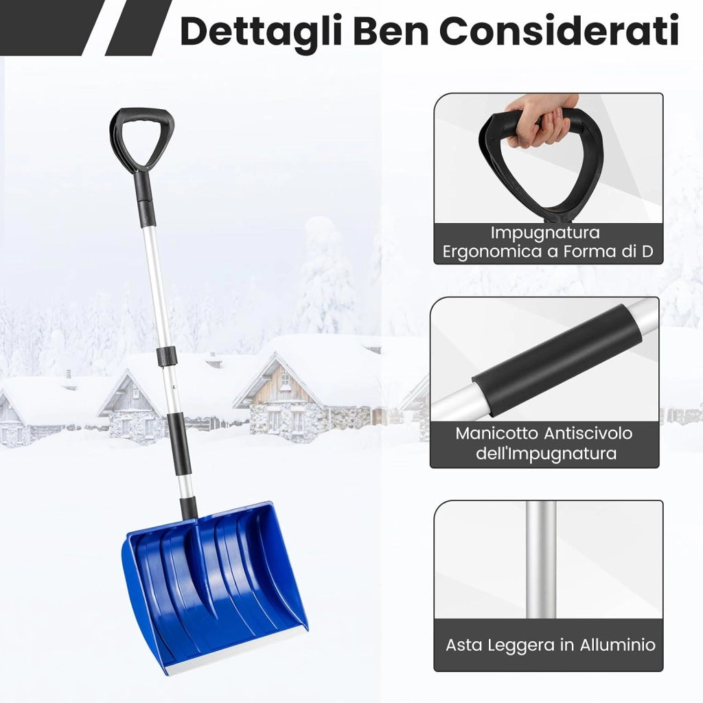 Pala da Neve Portatile, 122 cm Badile da Giardino Staccabile con Manico Ergonomico a D e Raschietto per Ghiaccio in Alluminio, per Vialetto e Auto (Blu + Argento)