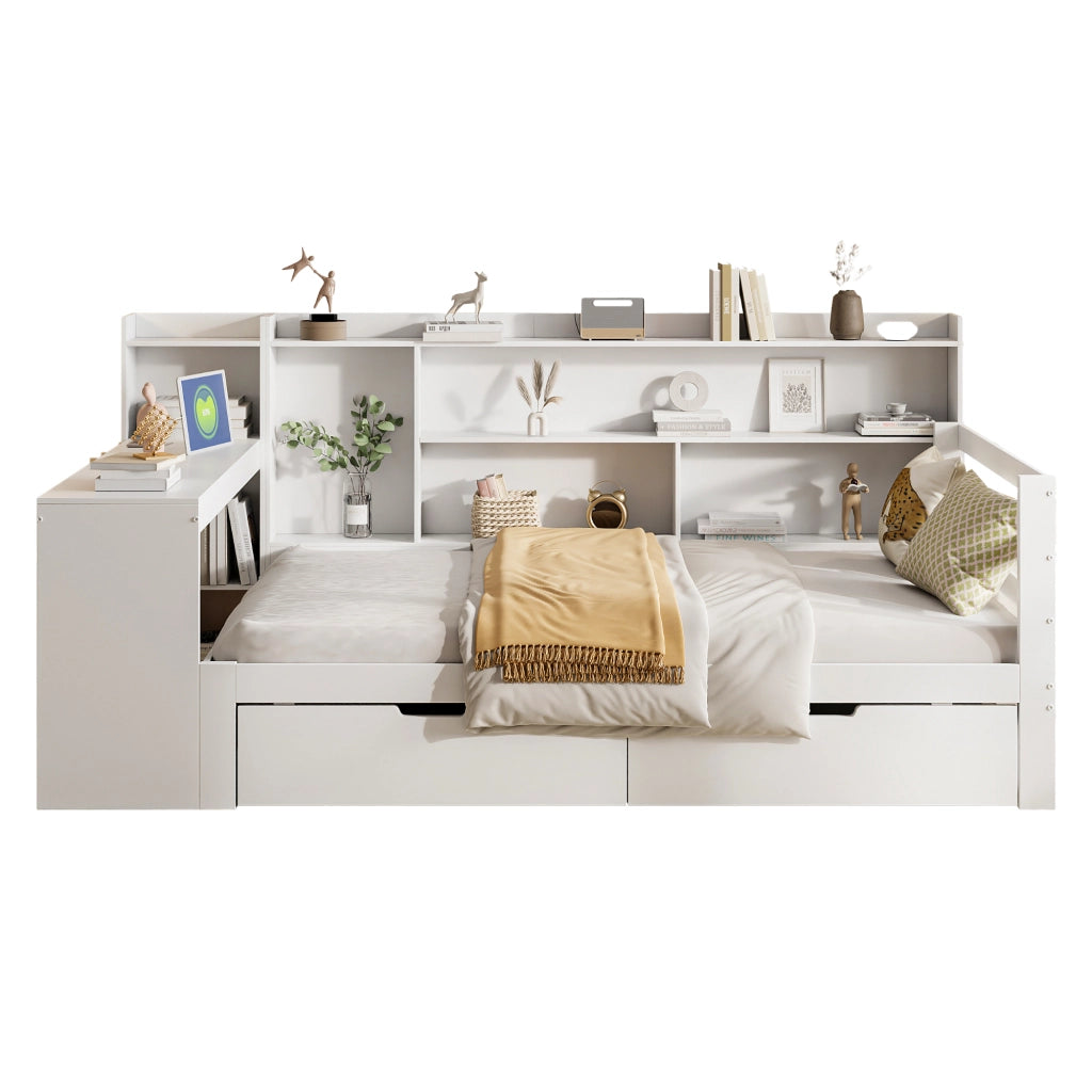 Letto con cassetti 90 × 200 cm con scrivania scaffali prese USB e di corrente rete a doghe in legno bianco