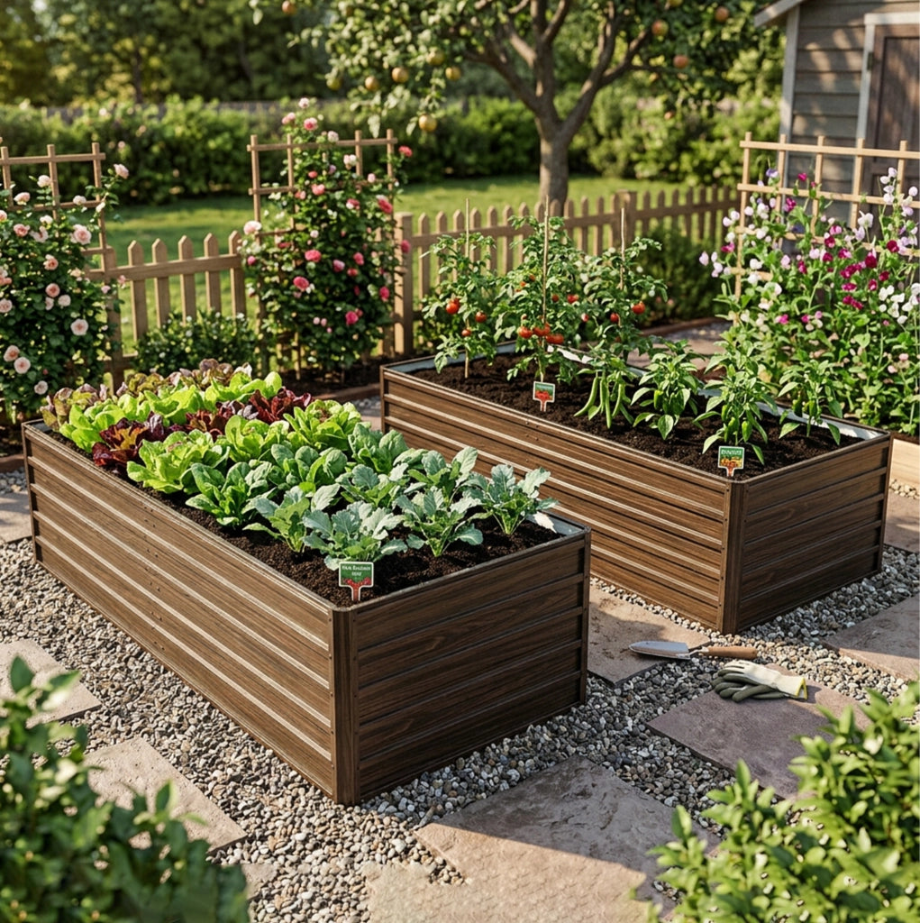 Letto da Giardino Rialzato in Metallo 190x90x64 cm con Base Aperta e Finitura Effetto Legno