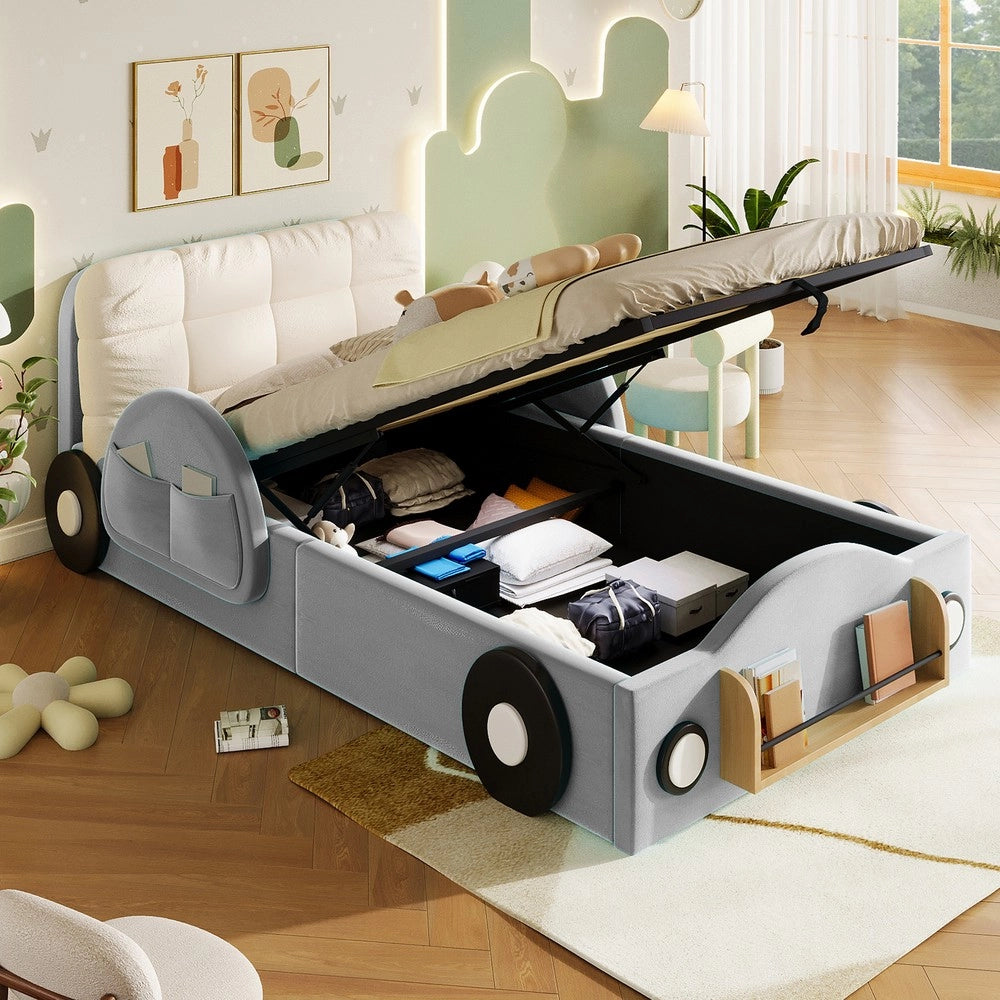 Letto imbottito contenitore 90x200 ¨C Minimal ¨C Velluto grigio idraulico con tasche laterali e vano libri