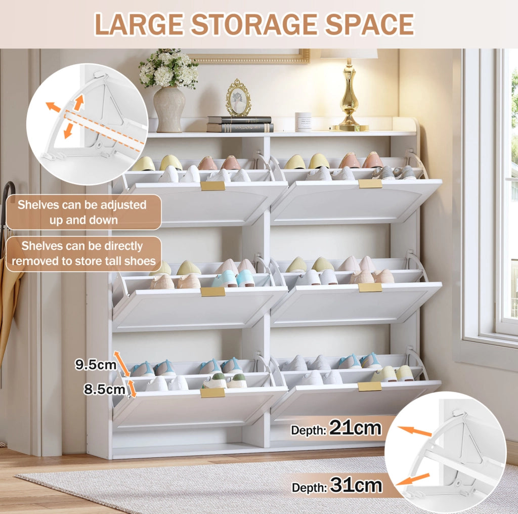 Scarpiera salvaspazio con 6 scomparti ribaltabili, mobile alto bianco 120x23x118 cm per ingresso e corridoio