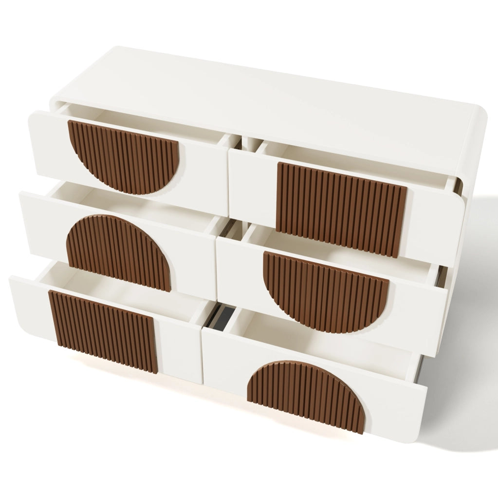 Comodino a 6 cassetti con linee curve e finitura bianca