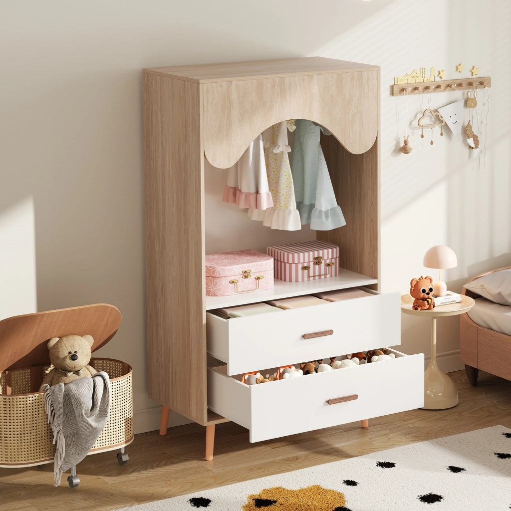 Armadio aperto per bambini con asta appendiabiti e 2 cassetti su 5 piedi in legno colore naturale e bianco
