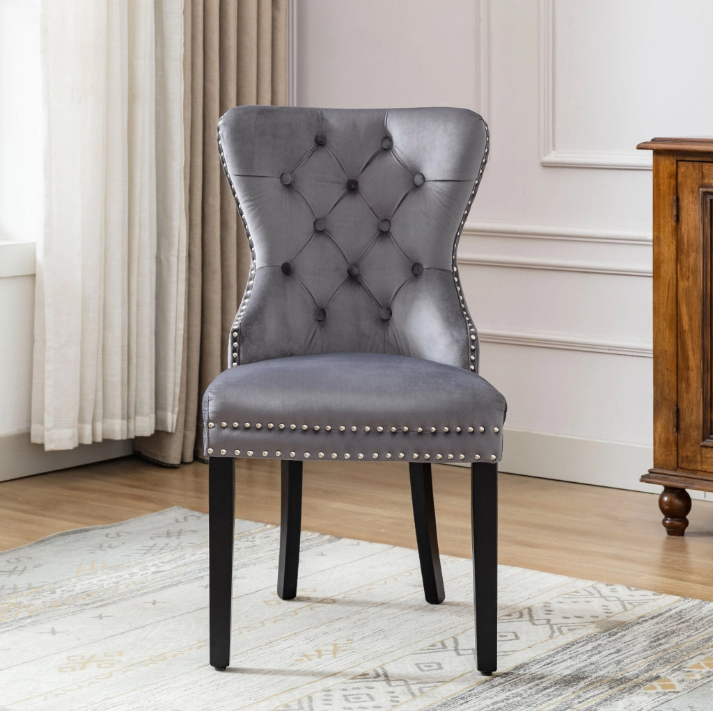 Set di 2 sedie imbottite in velluto grigio con gambe in legno