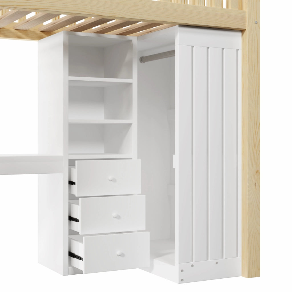 Letto a soppalco in legno di pino 90x200 cm con scrivania, armadio, 3 cassetti, scala e sponde, colore naturale