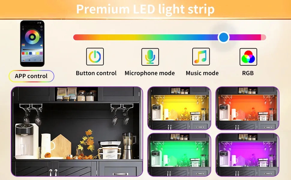 Mobile contenitore 120x40x188 cm, 4 ante e 2 grandi cassetti, con illuminazione LED, ripiano snack e portabottiglie, verde/nero/bianco