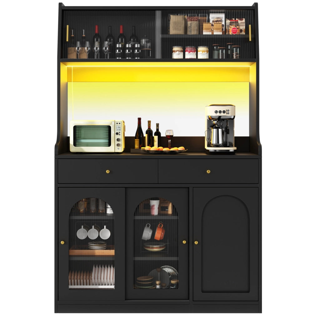 Buffet Cabinet con LED regolabile, 120x40x180 cm, MDF e PB, nero, 2 cassetti e ripiani regolabili