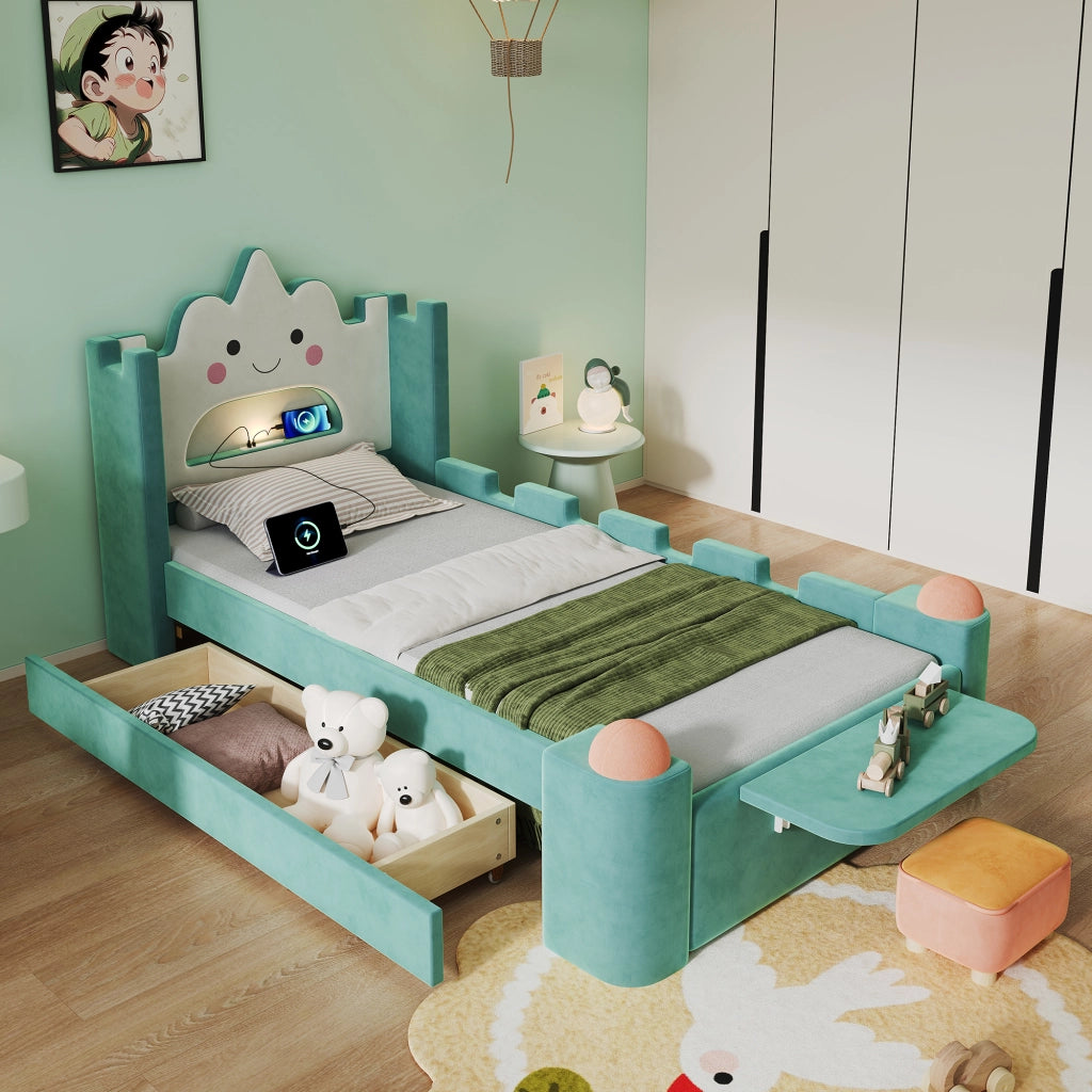 Letto singolo 90x200 cm in velluto verde petrolio con testiera a nuvola; cassetto; lampada e USB