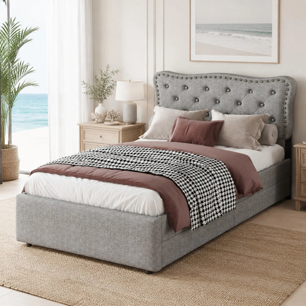 Letto singolo imbottito 90 × 200 cm in MDF e lino grigio con due cassetti e testiera regolabile