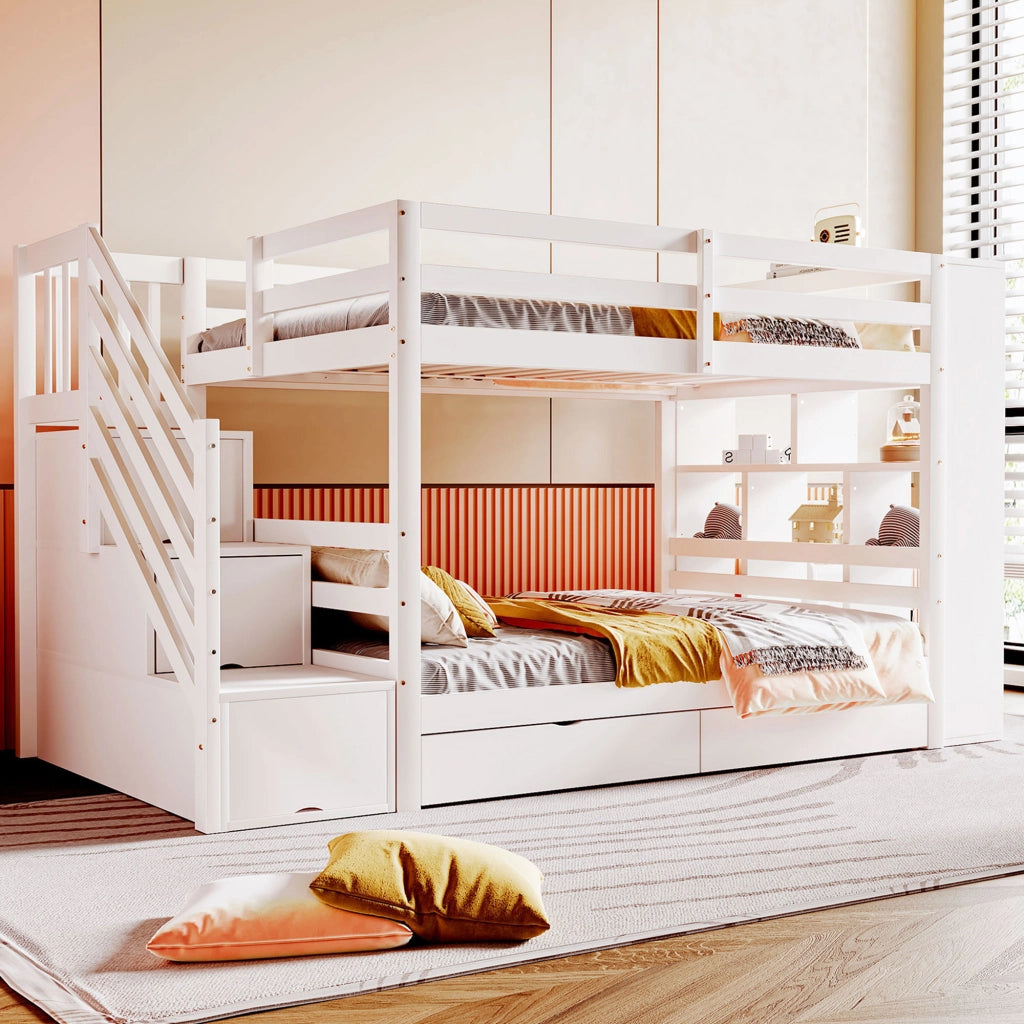 Letto a castello modulare 90 × 200 cm in legno bianco con scala contenitore cassetti e armadi integrati