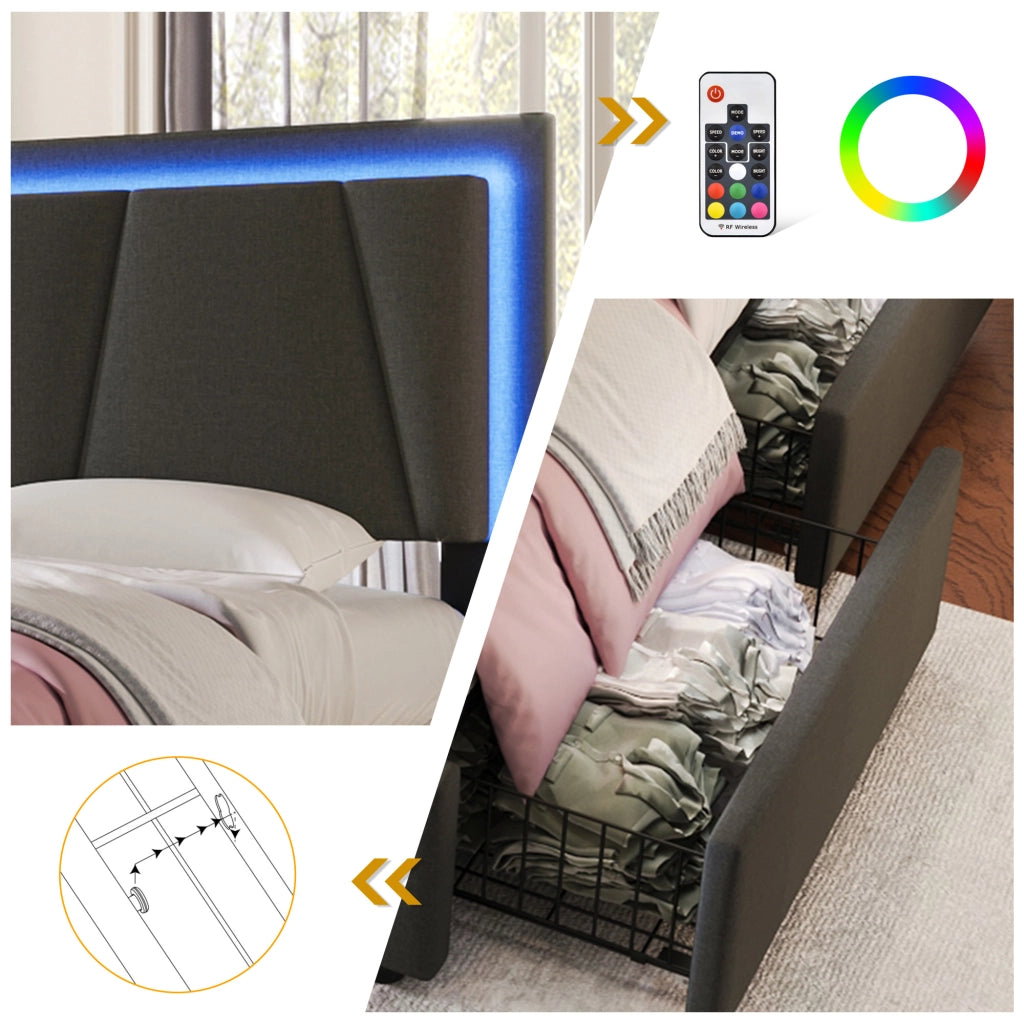 Letto Contenitore 140x200 cm; Letto Matrimoniale con LED e 4 Cassetti - in Legno; Grigio