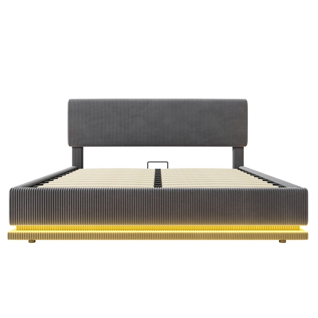 Letto imbottito moderno 160x200 cm con illuminazione LED, testiera regolabile e tessuto in velluto a coste grigio