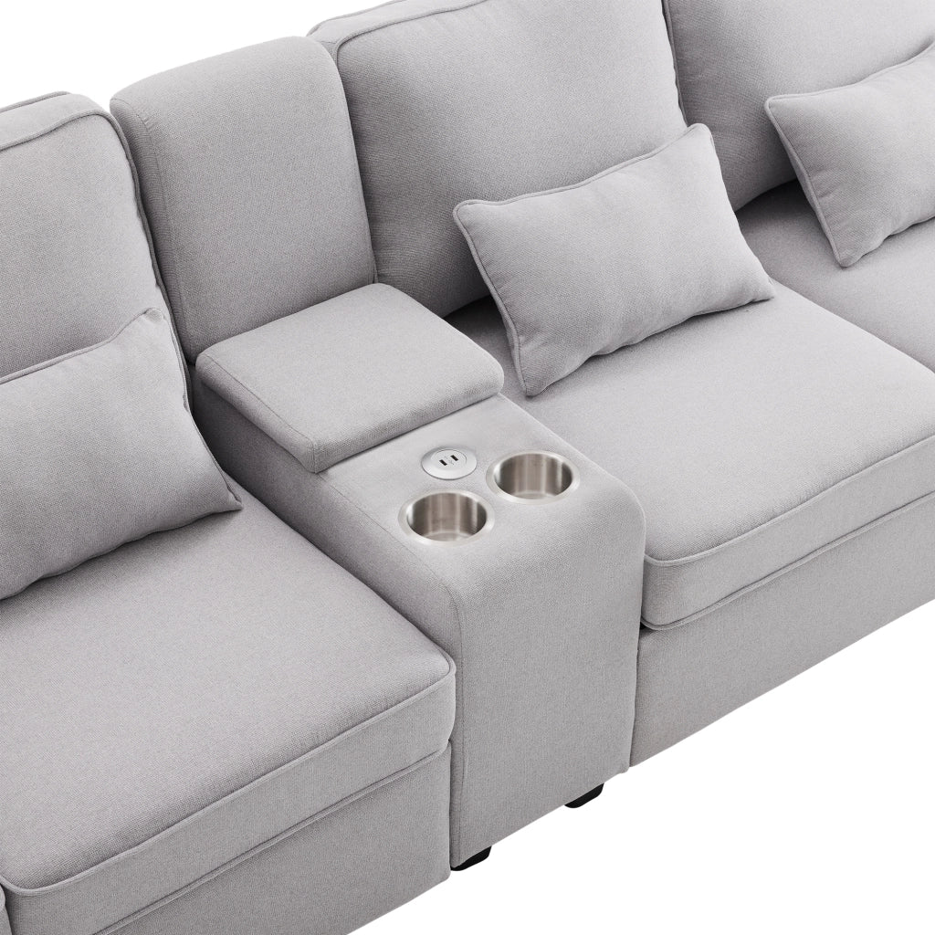 Divano 4 posti 290x83x88 cm con console, porta USB e portabicchieri in tessuto grigio effetto lino