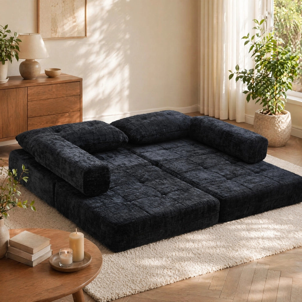 Divano letto pieghevole 79x180 cm in chenille nero con cuscini testa e lombari