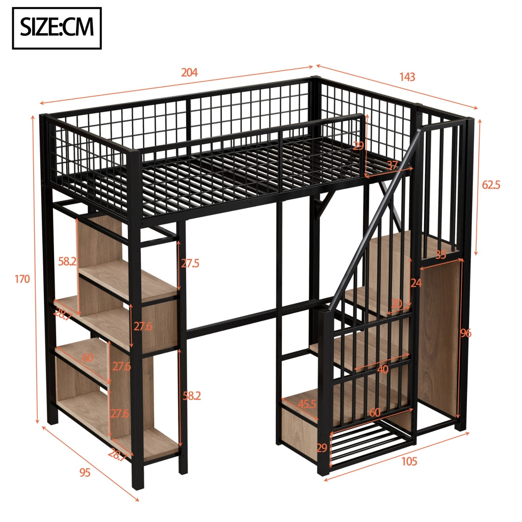 Letto a soppalco 90x200 cm con scala contenitore, struttura in metallo e legno, nero