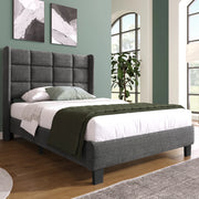 Letto singolo 90 × 200 cm con testiera imbottita in lino grigio rete a doghe e struttura in acciaio