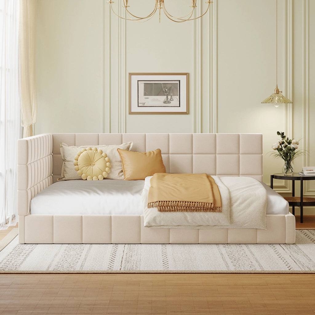 Divano letto 140 × 200 cm trasformabile con rete a doghe rivestito in velluto beige schienale reversibile